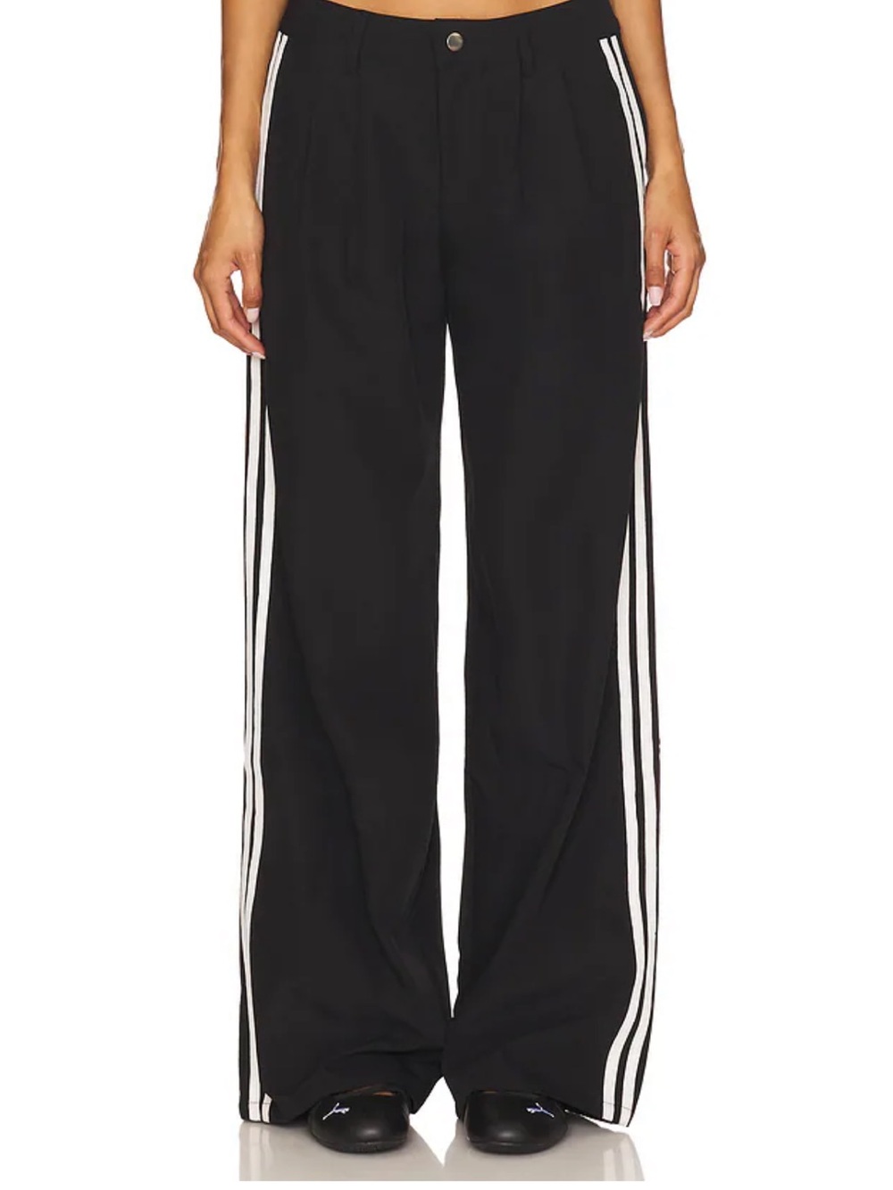 Olivaceous Black Wide-Leg Pants with White Side Stripes